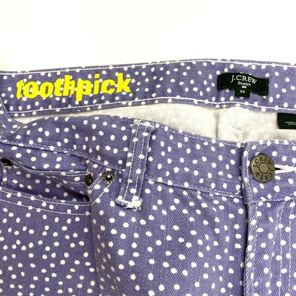 J. Crew‎ Toothpick Women's size 32 White Polkadots Purple Denim jeans